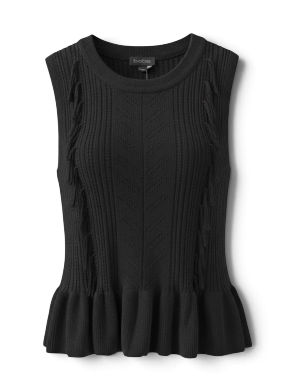 Bebe Black Sleeveless Pointelle Knit Peplum Hem Emelia Sweater Size Medium